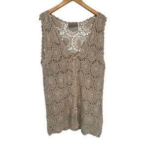 Jon Christy Hand Crocheted Cotton Vest Womens Large Beige Grannycore Open Knit